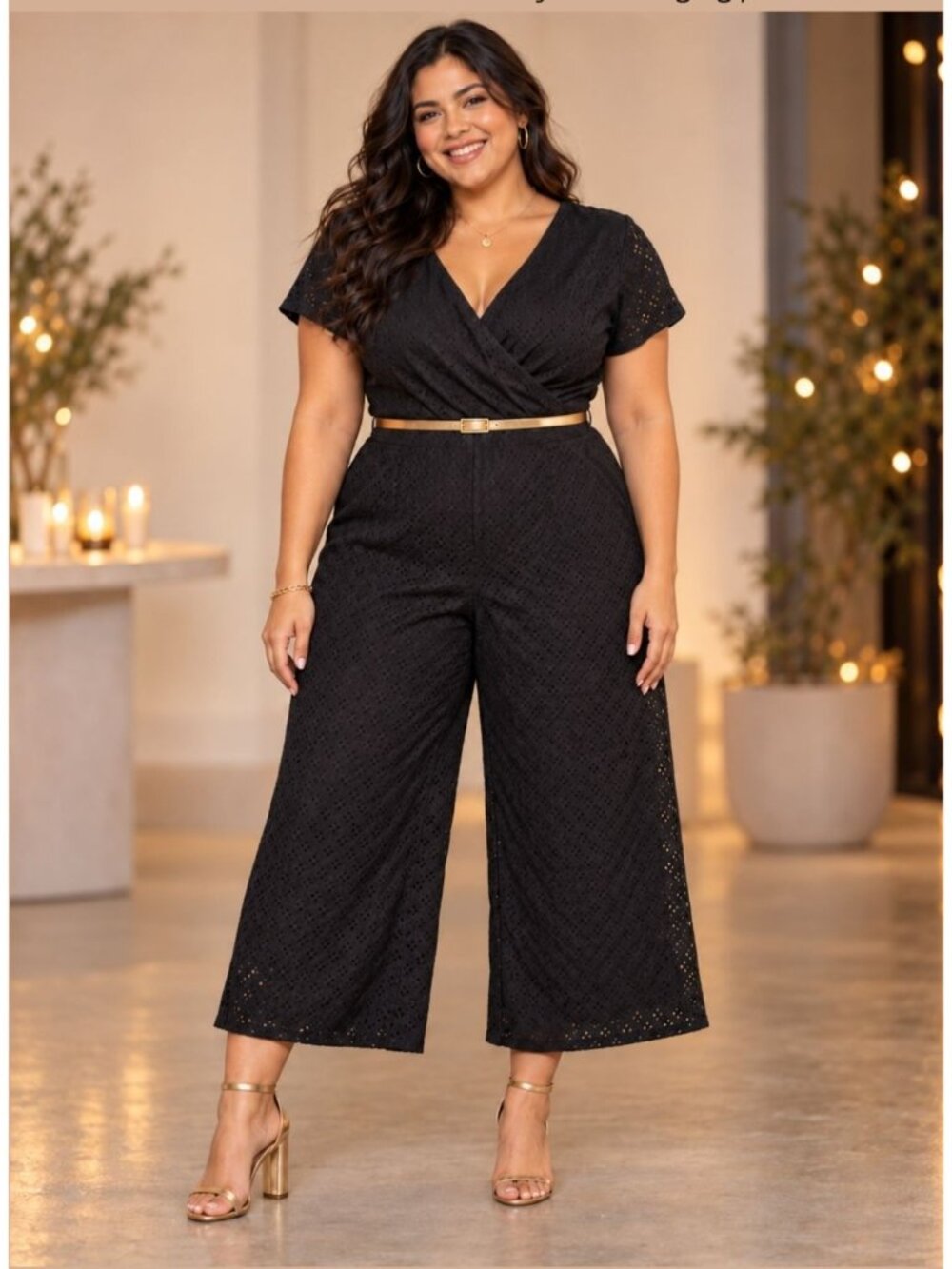 J.Crew Jumpsuit Womens 20 Black Cotton Eyelet Faux Wrap Wide Leg Cropped Chic